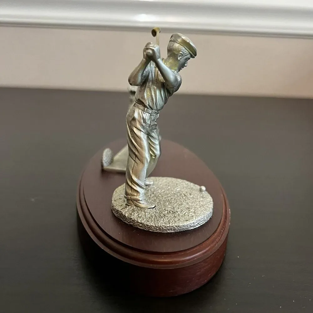 Vintage Golfer Business Card Holder Pewter Wood Office Golf Library W T Wilson‎